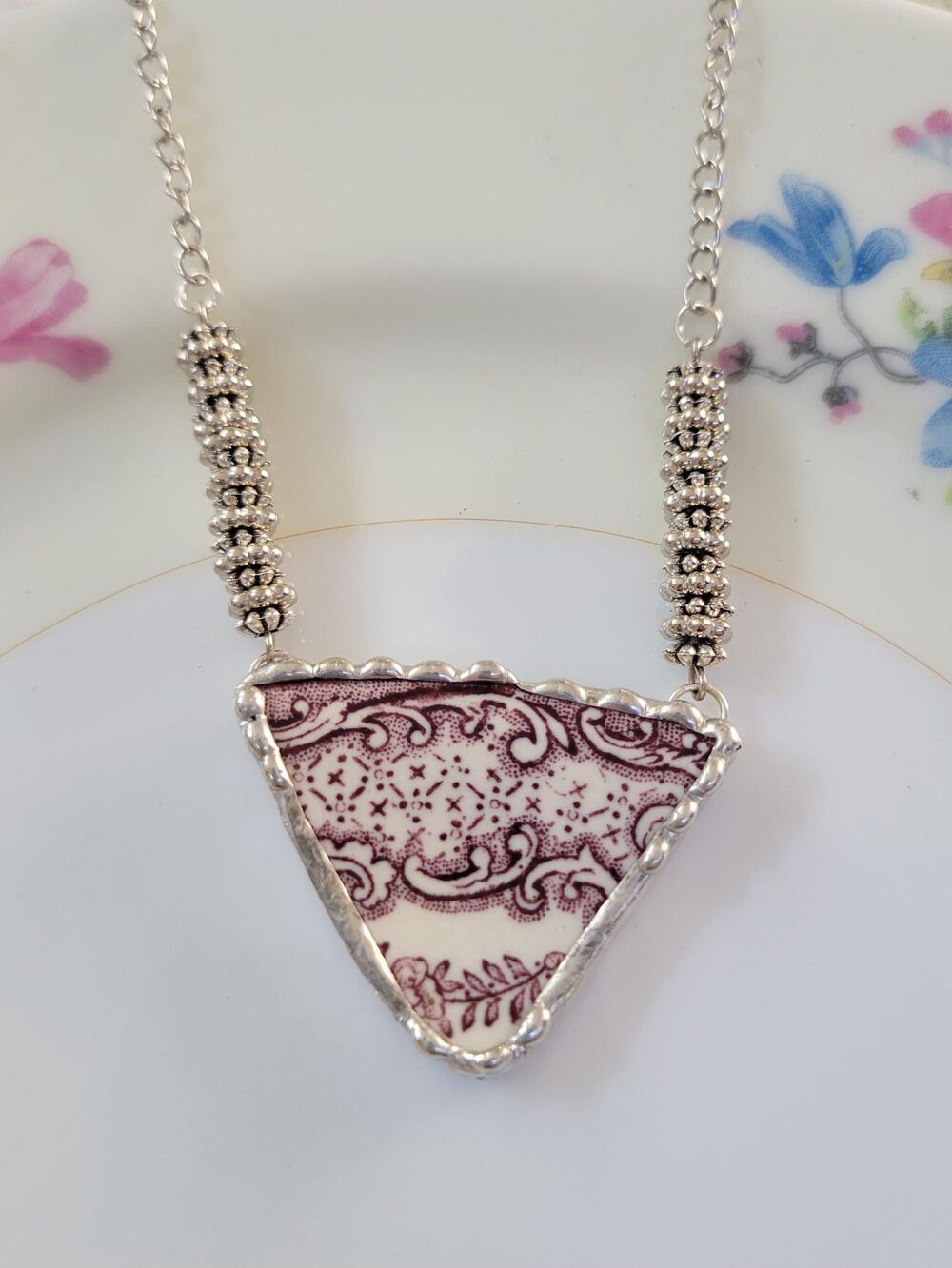 Broken China Purple & White Design Soldered Pendant Necklace
